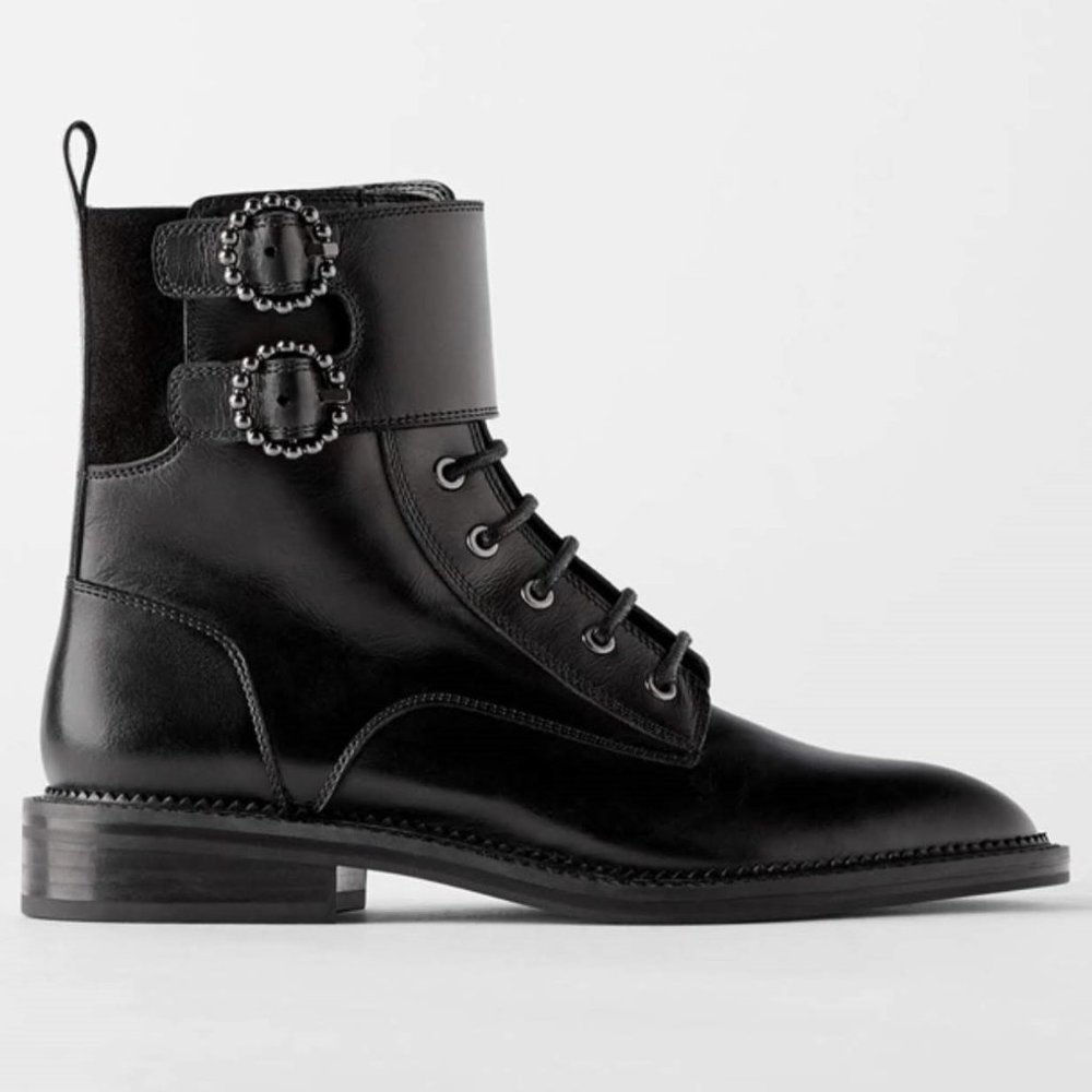 Black Leather Buckle Combat Boot - Women's